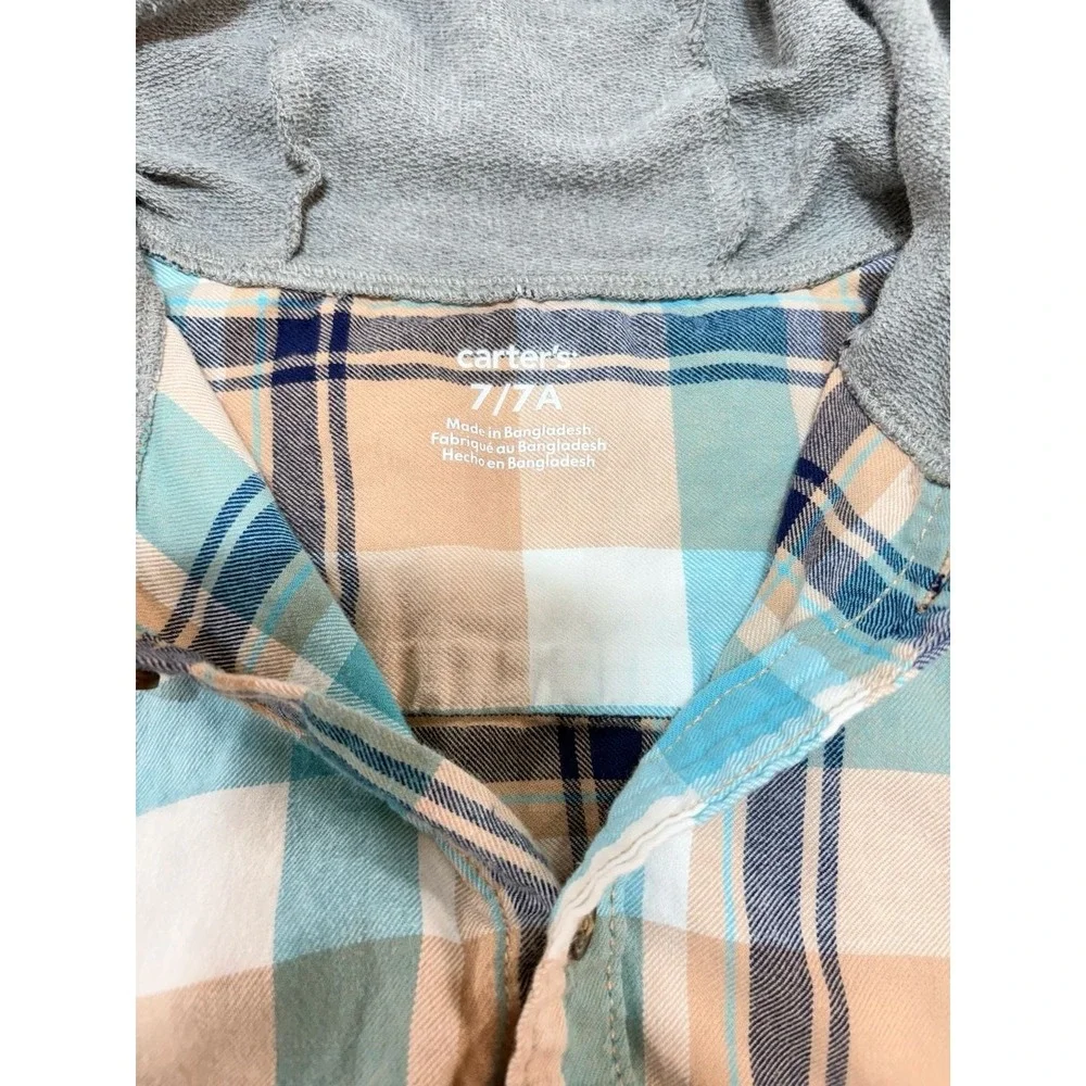 Carter's Boys Blue Tan Plaid Hooded Flannel Button Down Shirt Size 7